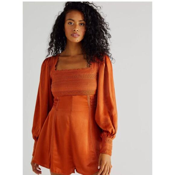 Free People Farrow Boho Romper Playsuit Viscose Terra Orange Long Sleeve US 2 - Picture 1 of 11